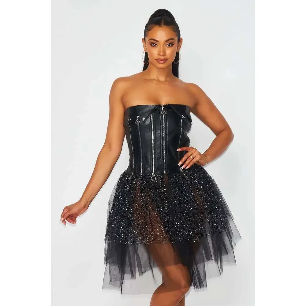 Kayla Contrast Mesh Faux Leather Strapless Tutu Dress | Punk Rock Goth Glam Zip